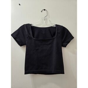 FULL TILT Ribbed Square Neck Short Sleeve Black Crop Top Shirt‎ M/L